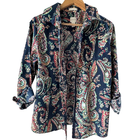 Chico's Tops - Chico's Paisley Button up Shirt Size 1 Navy Blue No-Iron Cotton Long Sleeve